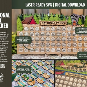 National Park Tracker - 13 varianti di design con 63 token inseribili e 6 opzioni di testo - Glowforge & Lightburn Tested