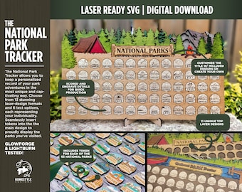 National Park Tracker - 13 wariantów projektu z 63 wkładanymi żetonami i 6 opcjami tekstowymi - przetestowane przez Glowforge i Lightburn