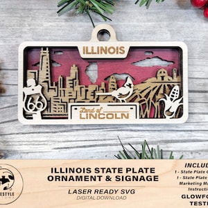 Illinois State Plate Ornament and Signage - SVG File Download - Sized for Glowforge - Laser Ready Digital Files