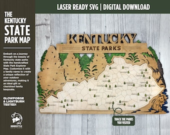 May include: A laser-cut wooden map of Kentucky State Parks. The map is brown with green accents and includes the names of each park. The text "Kentucky State Parks" is at the top of the map. The text "Track the Parks You Visited" is at the bottom of the map.