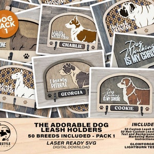 Adorable Dog Leash Holders Pack 1 50 Breeds included SVG, PDF,AI file types Glowforge and Lightburn Tested zdjęcie 1