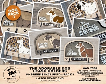 Adorables supports de laisse pour chien - Pack 1 - 50 races incluses - Types de fichiers SVG, PDF, AI - Glowforge et Lightburn Testés