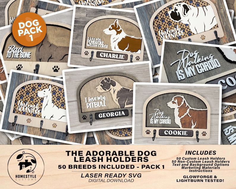 Adorable Dog Leash Holders Pack 1 50 Breeds included SVG, PDF,AI file types Glowforge and Lightburn Tested 画像 1