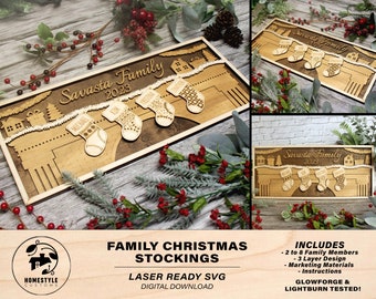 Familien-Weihnachtsstrumpf-Signage - 2-8 Familienmitglieder-Optionen - 3-lagige Designs - Getestet auf Glowforge & Lightburn