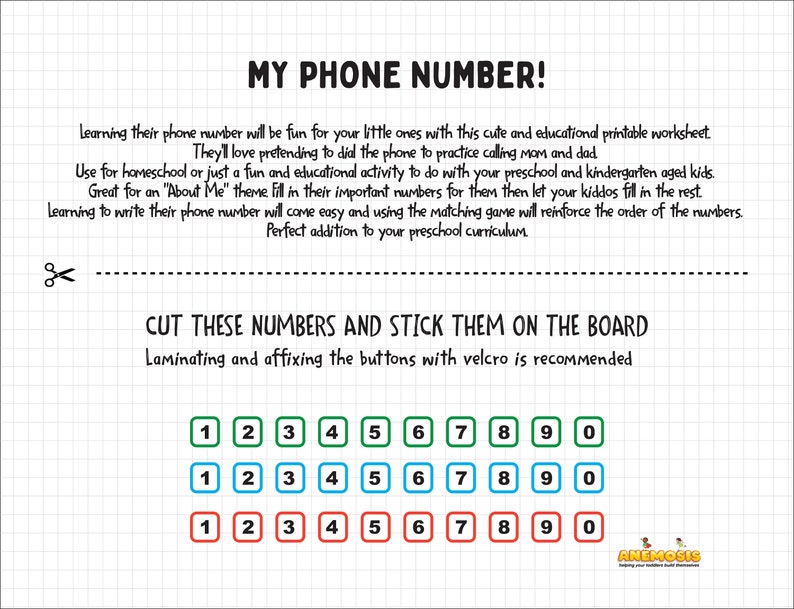 Printable Mat Phone Number Kids Activity Montessori Etsy