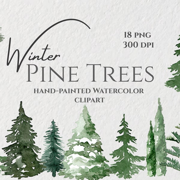 Winter Trees Watercolor Clipart | Christmas Clipart PNG | PINE TREES | Hand Painted Clipart Mountain Christmas Tree | Instant Download