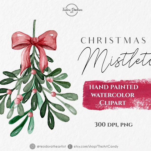 Christmas Mistletoe Watercolor Clipart PNG | Hand Painted Winter Greenery Mistletoe with Red Ribbon PNG | Holidays Clipart Digital Download