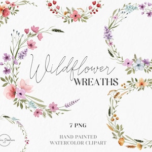 Aquarell Wildblumen Kranz Clipart | Handgemalte Blumenkränze PNG | Sommer Kranz Boho Hochzeit Clipart