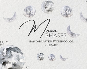 Watercolor Moon Phases PNG | Hand Painted Clipart | Astronomy Art | Moon Clipart Bundle | Instant Download
