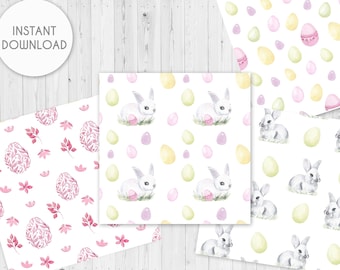 Easter Watercolor Eggs + Bunnies Digital Paper | Cute Easter Bunnies Seamless Pattern | Printable Scrapbook Paper Easter | Soft Pastel Color