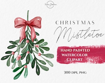 Christmas Mistletoe Watercolor Clipart PNG | Hand Painted Winter Greenery Mistletoe with Red Ribbon PNG | Holidays Clipart Digital Download
