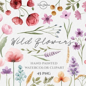 Akwarela Wildflower Floral Clipart | Akwarela Flowers PNG Malowane ręcznie Clipart | Lato Clipart | Boho Wedding Clipart | Wildflower PNG