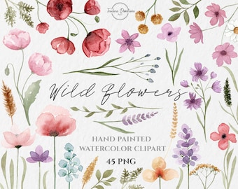 Akwarela Wildflower Floral Clipart | Akwarela Flowers PNG Malowane ręcznie Clipart | Lato Clipart | Boho Wedding Clipart | Wildflower PNG