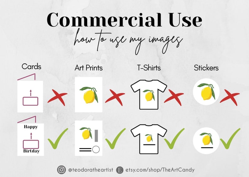 May include: An informational graphic with the text "Commercial Use" and "how to use my images." It shows examples of acceptable and unacceptable uses for cards, art prints, t-shirts, and stickers. The image includes the Etsy shop name.