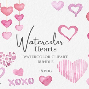 Pacchetto Clipart cuori acquerello / San Valentino PNG Amore PNG / Cuori dipinti a mano XOXO Ghirlanda di cuori acquerello / Cuori disegnati a mano
