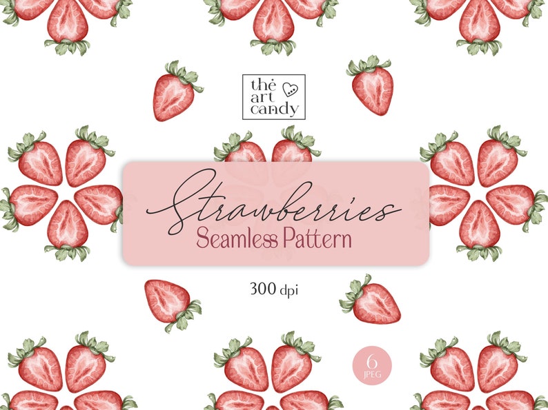 May include: A seamless pattern featuring watercolor illustrations of red strawberries. The pattern is perfect for creating digital or printed designs. The text "Strawberries Seamless Pattern" and "300 dpi" are included in the image.