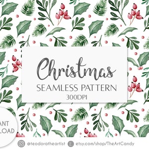 Christmas Digital Paper Watercolor Art Holly Mistletoe | Christmas Seamless Pattern Digital Download | Holidays Digital Scrapbook Paper