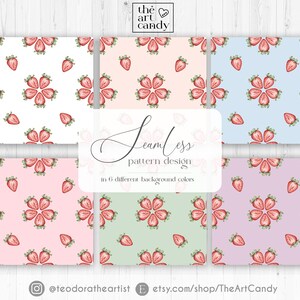 May include: Six seamless pattern designs featuring a repeating pattern of red strawberries on different colored backgrounds. The backgrounds are white, pink, light blue, light green, lavender, and light peach. The text "Seamless pattern design in 6 different background colors" is displayed in the center of the image.