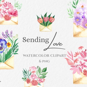 Flores de acuarela en sobres Clipart Set / Lindas cartas de amor Clipart / Día de la Madre PNG / Clipart pintado a mano / Flores de primavera PNG