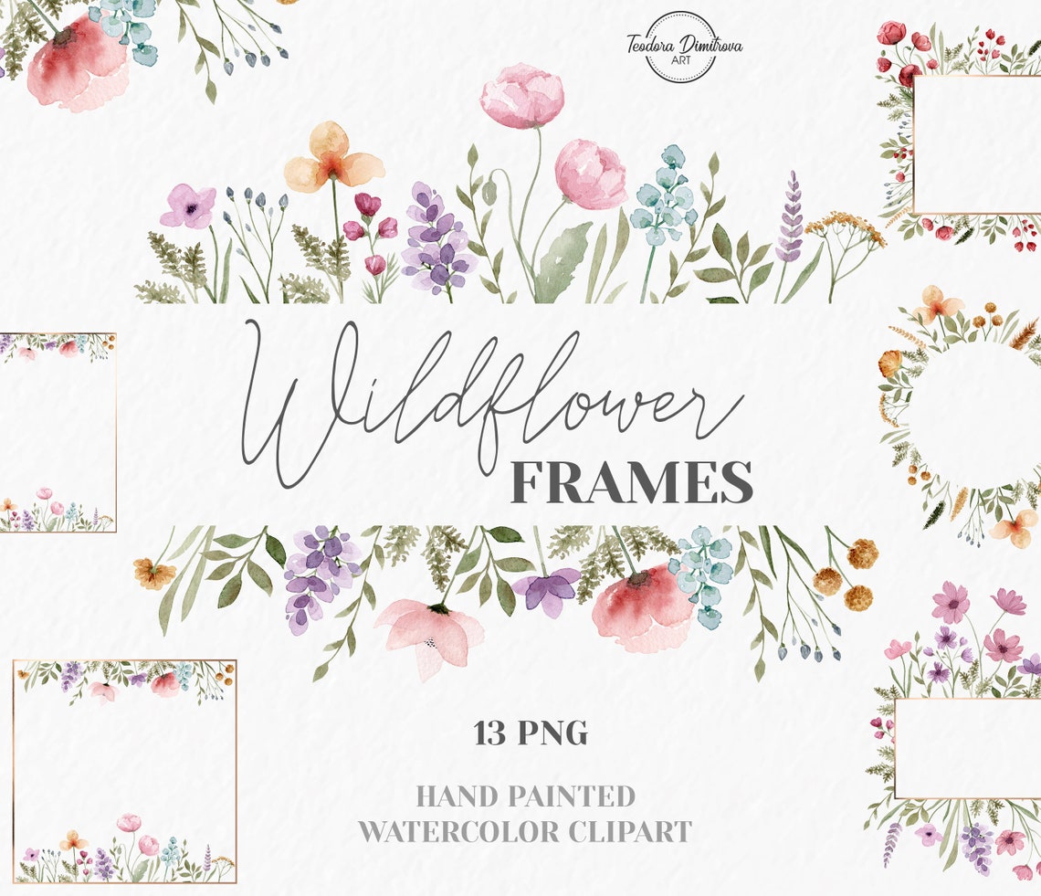Watercolor Wildflower Frames and Borders Clipart PNG Hand - Etsy UK