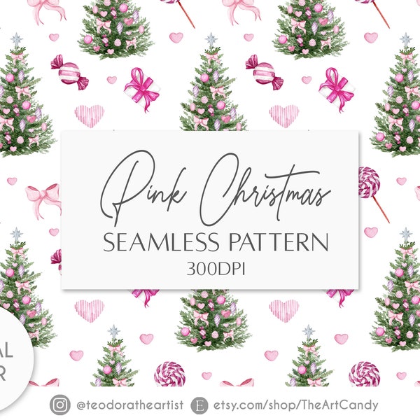 Pink Christmas Tree Digital Paper Watercolor Art | Girly Christmas Seamless Pattern Digital Download | Cute Holidays Digital Scrapbook Paper