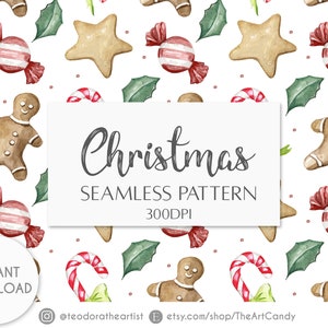 Christmas Digital Paper Watercolor Art | Christmas Seamless Pattern Digital Download | Holidays Digital Scrapbook Paper | Christmas Cookies