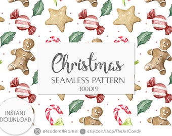 Christmas Digital Paper Watercolor Art | Christmas Seamless Pattern Digital Download | Holidays Digital Scrapbook Paper | Christmas Cookies