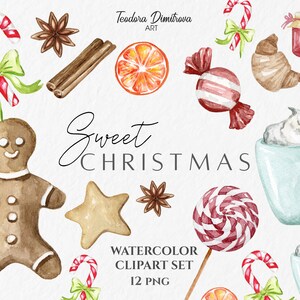 May include: Watercolor clipart set of 12 Christmas themed illustrations. The set includes a gingerbread man, candy canes, a star, a lollipop, a cup of hot chocolate, a jar of jam, a croissant, and a candy. The illustrations are painted in a watercolor style and are perfect for adding a festive touch to your projects.