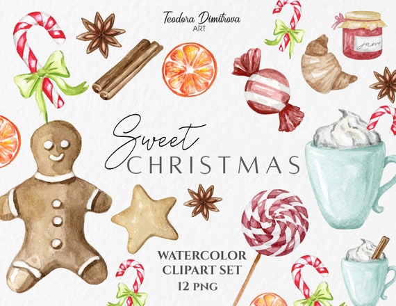 Christmas Candy Cane PNG Watercolor Clipart | Gingerbread Man PNG, Hot Chocolate, Cinnamon Sticks, Anise, Sweets Clipart | Holidays clipart