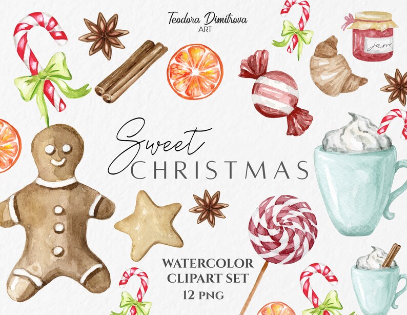 May include: Watercolor clipart set of 12 Christmas themed illustrations. The set includes a gingerbread man, candy canes, a star, a lollipop, a cup of hot chocolate, a jar of jam, a croissant, and a candy. The illustrations are painted in a watercolor style and are perfect for adding a festive touch to your projects.