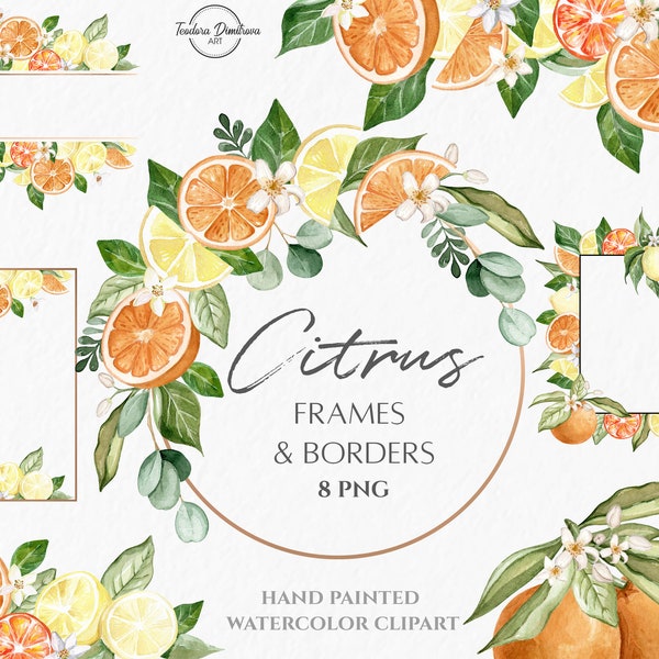 Watercolor Citrus Wreath Frames and Borders Clipart | Hand Painted Lemon, Orange, Greenery Frame PNG | Summer Wreath Wedding Invitation