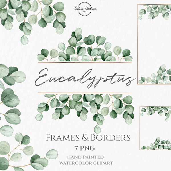 Watercolor Eucalyptus Frames and Borders Clipart PNG | Hand Painted Watercolor Botanical Greenery Leaves and Gold Frame | Eucalyptus Wedding