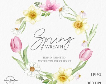 Watercolor Floral Spring Wreath Clipart | Hand Painted Spring Flowers Wreath with Pink Tulips, Daffodils and Daisies PNG | Greenery Wreath