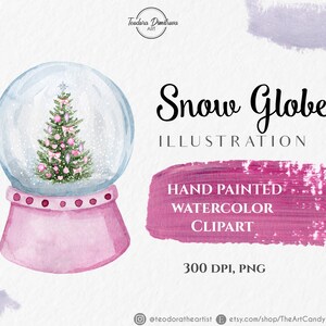 May include: A watercolour illustration of a pink snow globe with a Christmas tree inside. The snow globe is 300 DPI and in PNG format.