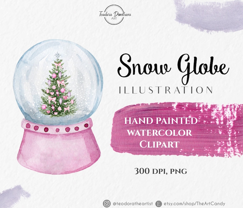 May include: A watercolour illustration of a pink snow globe with a Christmas tree inside. The snow globe is 300 DPI and in PNG format.