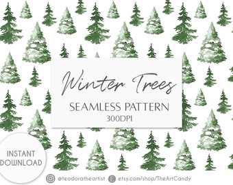 Christmas Tree Digital Paper Watercolor Art | Christmas Seamless Pattern Digital Download | Holidays Digital Scrapbook Paper | Winter Trees