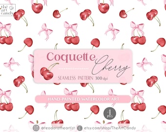 Coquette Cherry with Pink Bow Seamless Pattern Design | Hand Painted Watercolor Art | Valentine's Day Pattern | Digital Paper Background