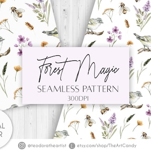 Forest Digital Paper Watercolor Art Woodland Animals Seamless Pattern Digital Download | Bird Digital Scrapbook Paper | Wildflower Paper