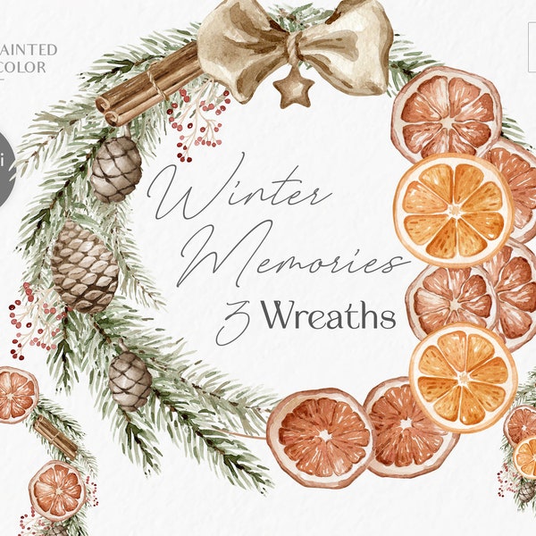 Watercolor Boho Christmas Wreath with Pinecones & Dried Orange Slices | Rustic Christmas Wreath PNG | Hand Painted Winter Wreath Clipart