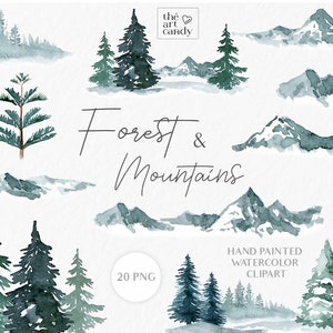 Alberi invernali, foresta e montagne Clipart ad acquerello / Clipart albero di pino, foresta nebbiosa, paesaggio montano innevato PNG / arte dipinta a mano