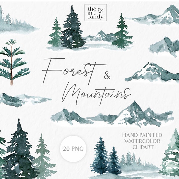 Arbres d’hiver, forêt et montagnes aquarelle Clipart | Clipart de pin, forêt brumeuse, paysage de montagne enneigé PNG | Art peint à la main