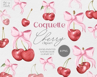Coquette Cherry with Pink Bow Hand Painted Watercolor Clipart | Watercolor Cherry  Valentines PNG | Hand Drawn Pink Bow Clipart PNG