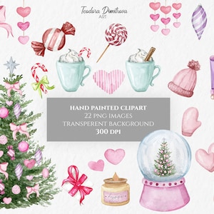 May include: Watercolor clipart set featuring Christmas and winter-themed illustrations. Includes a decorated Christmas tree, ornaments, candy, hot cocoa, a nutcracker, and a snow globe. The text in the image says "Hand Painted Clipart", "22 PNG Images", "Transparent Background", and "300 DPI".
