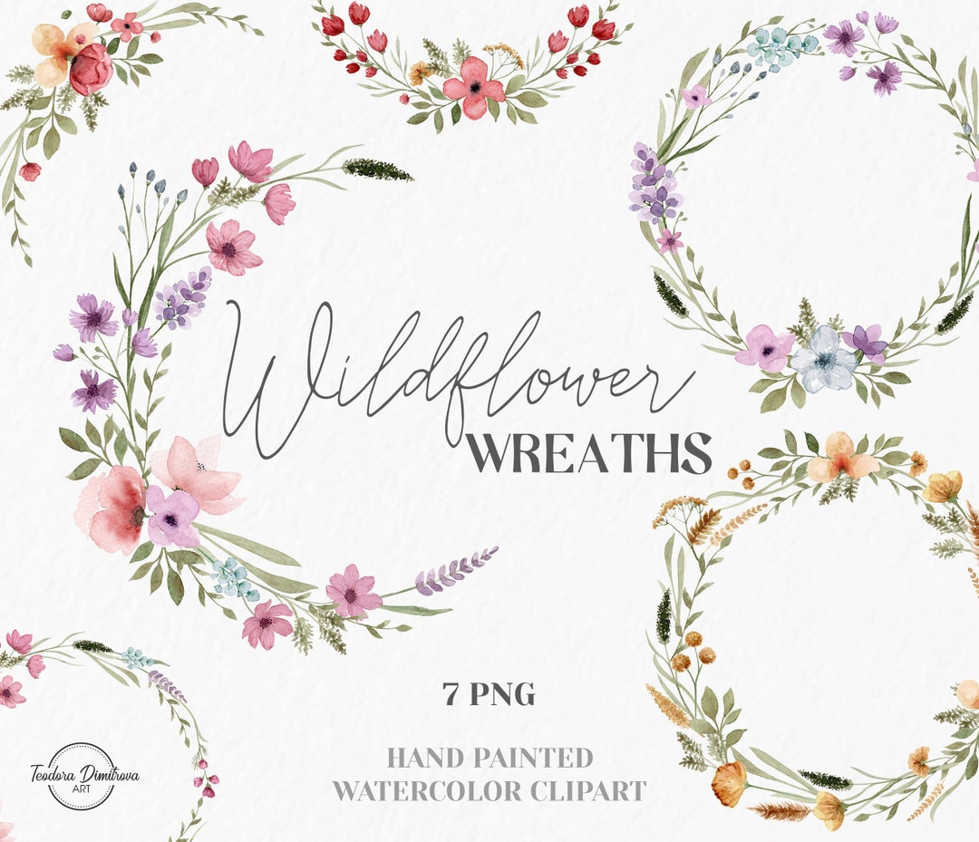 Watercolor Wildflower Wreath Clipart Hand Painted Floral Wreaths PNG