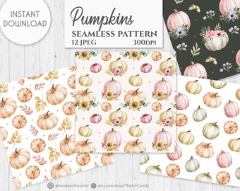 Pompoen digitale papier aquarelkunst | Pompoenen naadloze patroon digitale download | Digitaal herfstpapier | Thanksgiving-plakboekpapier