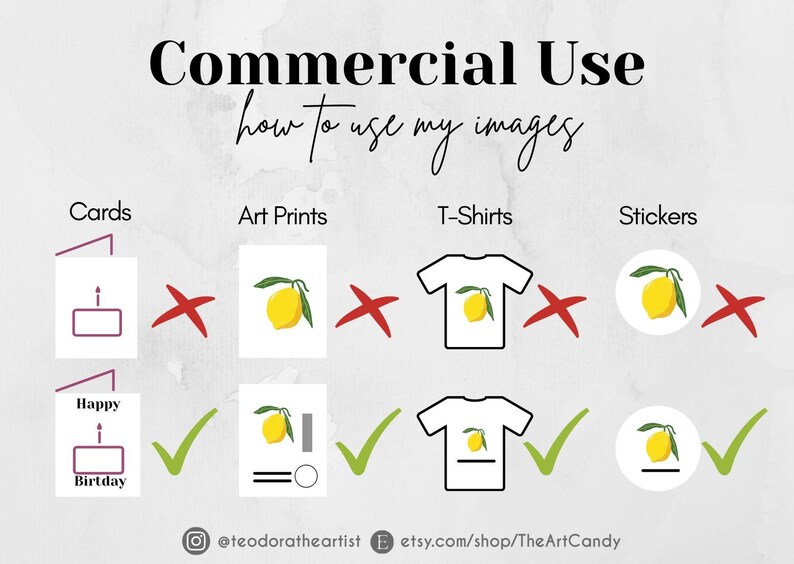 May include: A chart showing commercial use guidelines for images. The chart shows four categories: Cards, Art Prints, T-Shirts, and Stickers. Each category has two examples, one with a red X and one with a green check mark. The examples show different ways to use the images, such as on greeting cards, art prints, t-shirts, and stickers. The text "Commercial Use" and "how to use my images" is at the top of the chart.