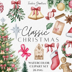 Classic Christmas PNG Watercolor Clipart | Vintage Christmas Tree, Gingerbread House , Christmas Stocking, Santa Hat, Christmas Ornaments