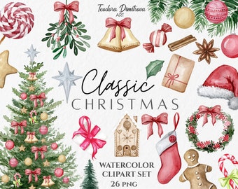 Classic Christmas PNG Watercolor Clipart | Vintage Christmas Tree, Gingerbread House , Christmas Stocking, Santa Hat, Christmas Ornaments
