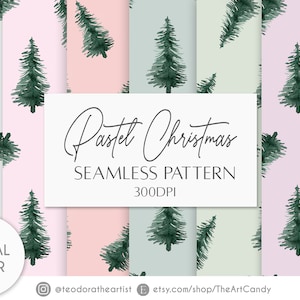 Arte dell'acquerello della carta digitale dell'albero di pino di Natale / Download digitale del modello senza cuciture di Natale pastello / Alberi invernali della carta digitale delle vacanze