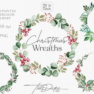 Acuarela Navidad Corona Clipart PNG / Coronas navideñas pintadas a mano PNG / Corona de vegetación de invierno con acebo, eucalipto, baya, rosa mosqueta